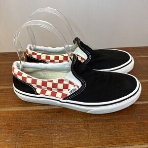 VANS CLASSIC SLIP-ON BLACK/RED CHECKERBOARD LOW PROFILE KIDS SIZE 2 EUC‎